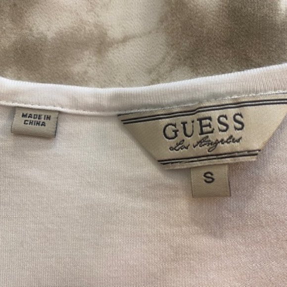 Guess Short Sleeve Blouse Mixed Fabric White Light Brown Tie- Dye Size Small - Picture 12 of 14